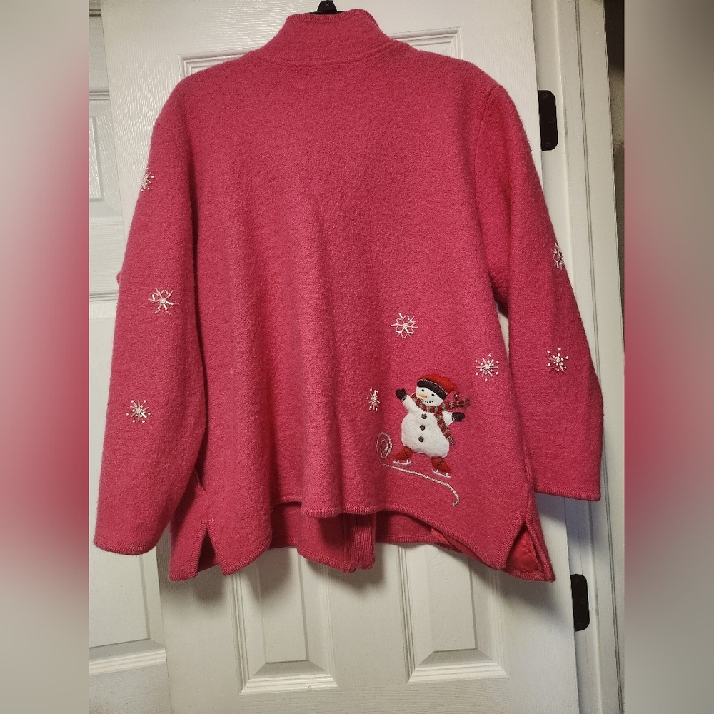 Quacker Factory Sweater 2XL Cardigan Christmas Snowman Wool embellished - Picture 8 of 10